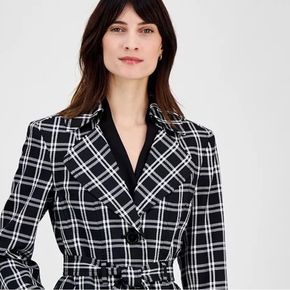 LE SUIT TRENCH-STYLE ELONGATED BELTED 90’S B&W PLAID JACKET SHOULDER PADS LINED - Picture 2 of 16